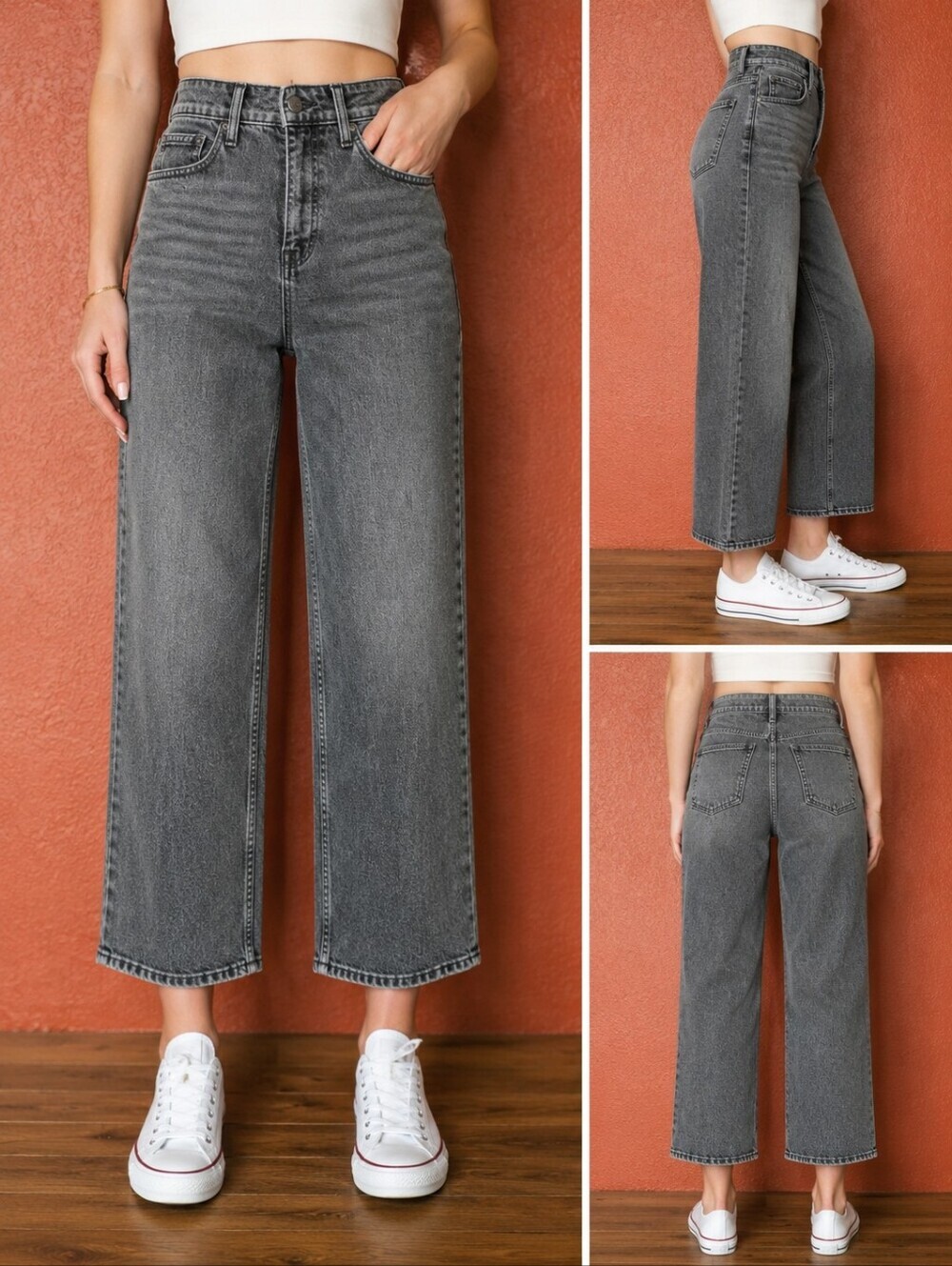 High-Rise Wide Leg Jeans in Washed Gray